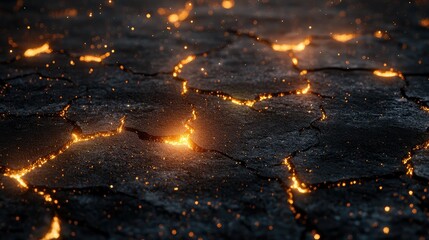 A Close-Up View of Cracked Ground with Glowing Lava Channels Creating a Dramatic Environment in a Dark and Fiery Landscape