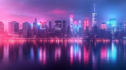 Fototapeta premium Vibrant City Skyline Silhouetted Against Bright Pink Sky at Dusk Creating a Dreamy Urban Atmosphere