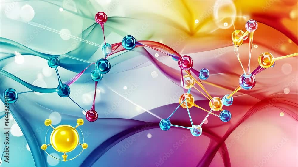 Poster Colorful molecules interact over a dynamic waving background with flowing patterns, molecules moving over waving multi coloured background