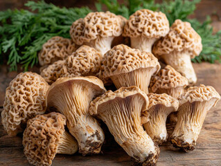 A close-up of fresh morrel mushrooms displayed on a rustic wooden table