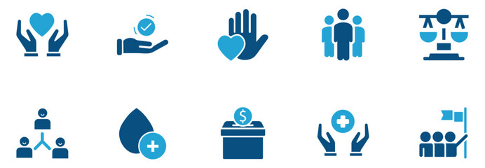 Charity and Social Support Icon Set. Modern blue-themed icon set representing charity, social justice, community support, health donation, equality, teamwork, and non-profit services.