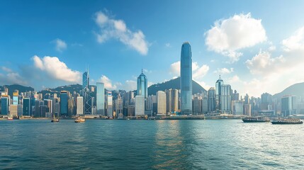 Obraz premium Stunning panoramic view of Hong Kong skyline featuring modern skyscrapers and mountain backdrop under a clear blue sky and soft clouds reflecting on the water surface