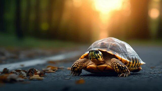 Turtle is walking on a road. The turtle is small and brown. The road is paved and has leaves on it