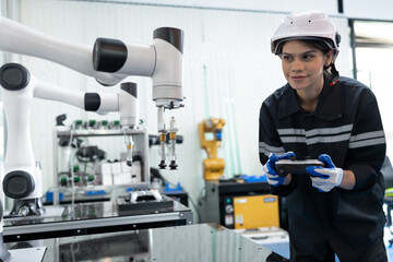 Robotics manufacturing industry. Engineer control and training autonomous robot. Test programmable logic controller with AI robot training kit and mechatronics engineering