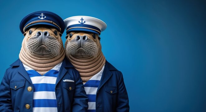 Zwei Walrosse als Kapit&auml;ne in Marineuniform &ndash; humorvolle Tierdarstellung auf blauem Hintergrund