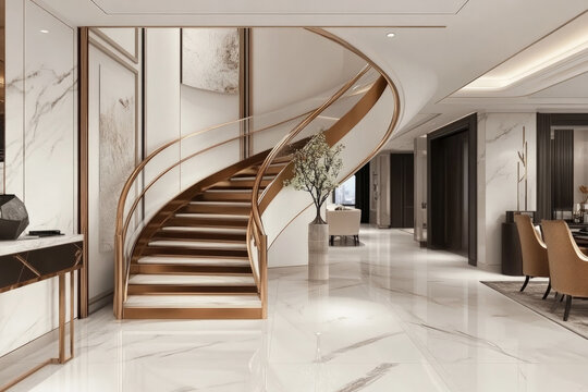 Luxurious spiral staircase with gold railing in modern marble interior design, featuring polished floors, elegant furniture, and refined architectural detailing in soft lighting.