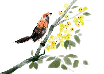 Digital Painting of a bird on yellow flowers blossom, Inspired by Chinese Ink Brush-Stroke Style