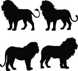 Black and White Lion Silhouettes in Profile View, Minimalist Safari-Themed Vector Illustration with Majestic Manes, Bold Outlines, and Symmetrical Wildlife Design Elements
