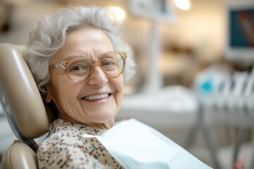 Happy senior woman smiling while sitting in the dentist chair, surrounded by festive christmas decorations, enjoying the holiday spirit