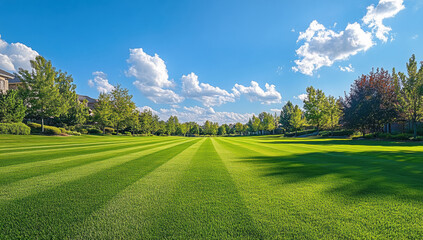 Pristine lawn displaying precise green stripes stretching across landscaped yard beneath azure sky with scattered white clouds
