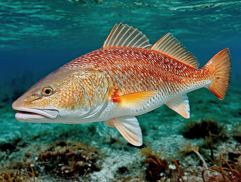 A vibrant image of a red drum fish swimming in the ocean