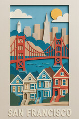 Colorful paper art of San Francisco skyline featuring Golden gate bridge and painted ladies