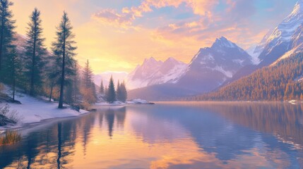 Fototapeta premium Sunrise peace: A calm mountain lake shows snowy peaks and the sun's warm colors. The clear water reflects the beautiful view. 