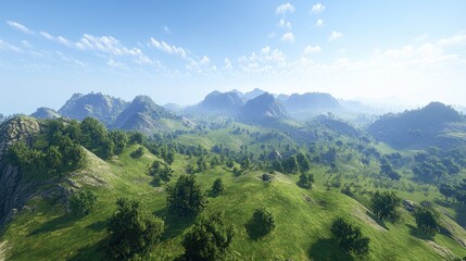 Obraz premium Serene Mountain Vista Lush Hills with Sunny Sky.