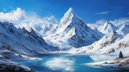 The picture shows snowy mountains in nature. There are white peaks, a glacier, and a cold lake. It looks like winter.
