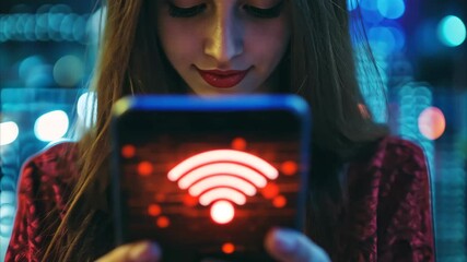 Financial data processing and connectivity explored through a woman's interaction with technology in a modern setting, financial data processing and wifi icon over caucasian woman using smartphone - Powered by Adobe