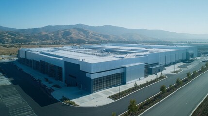The large semiconductor fabrication plant features sleek architecture, surrounded by mountains, with clear skies overhead. It sits in a spacious environment with ample parking available