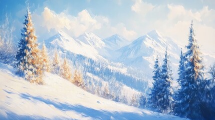 Fototapeta premium Winter mountain scene. Simple art with hills and trees. Use it to decorate your home with paintings or wallpaper. 