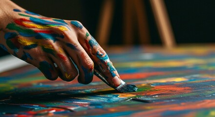 Obraz premium Close-up of a person’s hand painting on a messy canvas, colorful paint stains on fingers, authentic creative moment