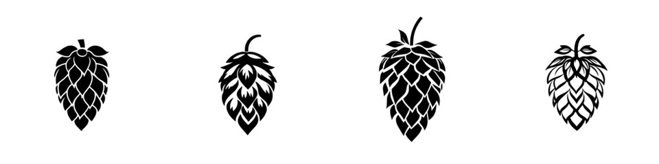 Obraz premium Isolated vector icons set featuring four different hop cone silhouettes for brewing and agriculture use