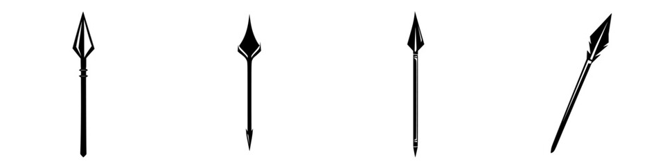 Silhouette pictogram collection featuring various spear designs in isolated vector format for graphic use