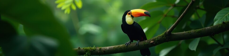Naklejka premium Keel-billed toucan resting on thick branch, dense rainforest foliage, tree, keel-billed toucan
