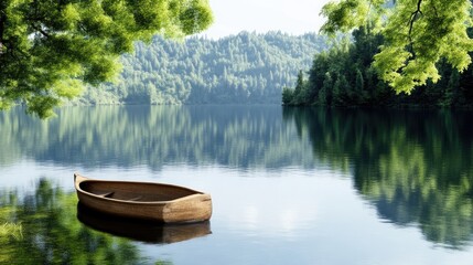 Obraz premium Tranquil lake scene with wooden boat under lush trees. Calm waters reflect the surrounding forest