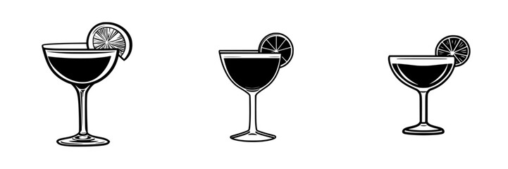 Silhouette pictogram of cocktail glasses showcasing different designs and garnishes for bar and beverage concepts