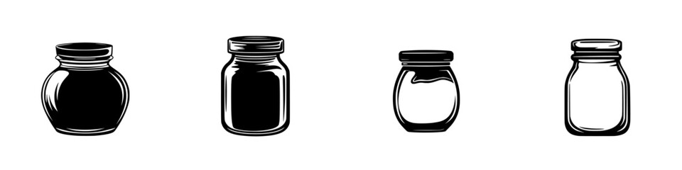 Silhouette pictogram icon set of various jars in black and white design isolated on white background for graphic use
