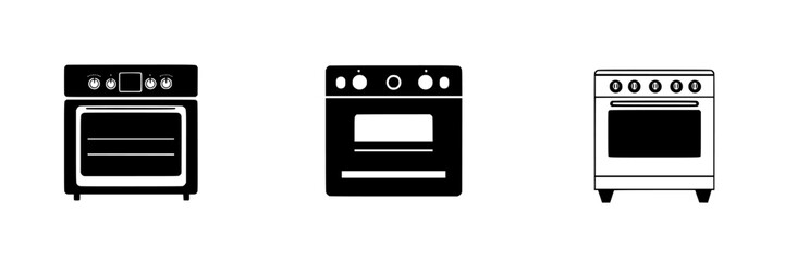 Silhouette pictogram set featuring three different designs of kitchen ovens in isolated vector format for culinary representation