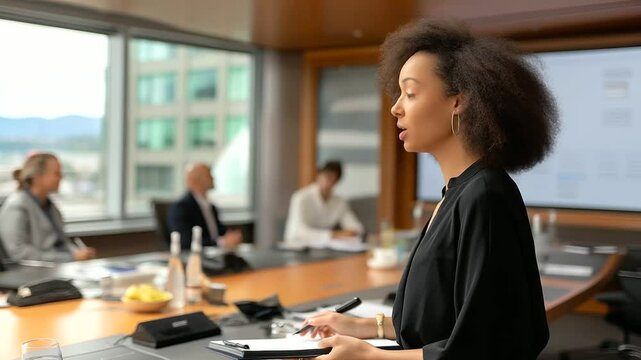 IT manager presenting cybersecurity plan in busy boardroom