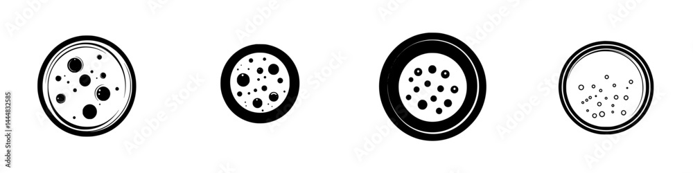 Poster silhouette pictogram set featuring isolated vector icons of various circular shapes and dots in mini
