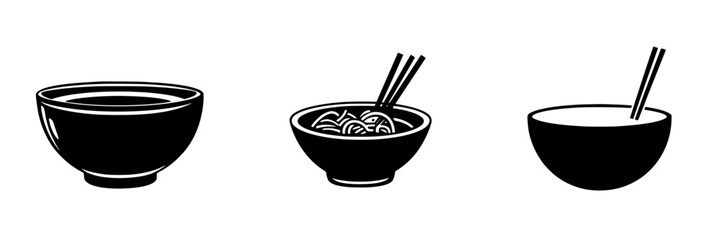 Silhouette pictograms of various bowls with chopsticks showcasing Asian cuisine dining options