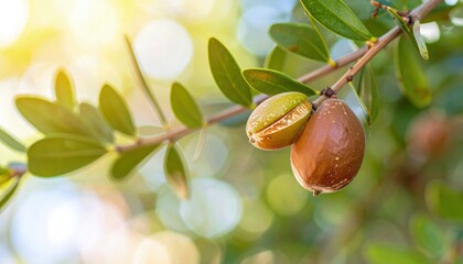Obraz premium Close-up of argan fruits on tree branches with soft bokeh background, natural lighting