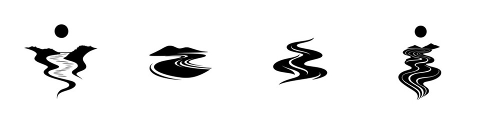Silhouette pictograms illustrating flowing rivers, mountains, and sunlight in a minimalist design for nature-themed projects and presentations
