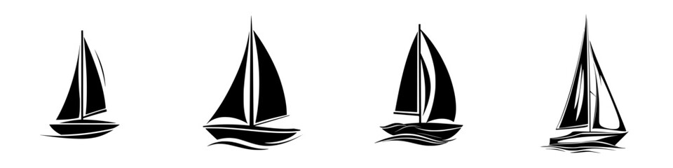 Fototapeta na wymiar Silhouette pictograms illustrating various sailing boats on water in a minimalist design style