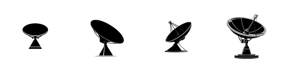 Various silhouettes of satellite dishes in different orientations showcasing communication technology in a modern context