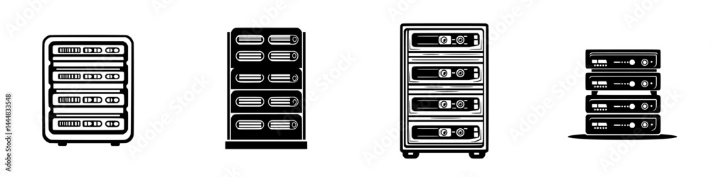 Poster silhouette pictograms of various storage devices in isolated vector format suitable for design proje