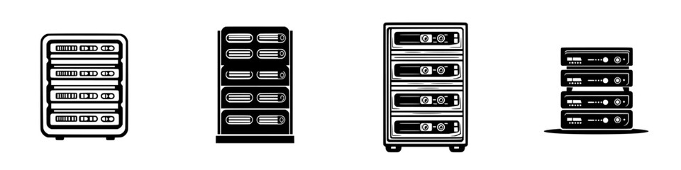 Silhouette pictograms of various storage devices in isolated vector format suitable for design projects and creative applications