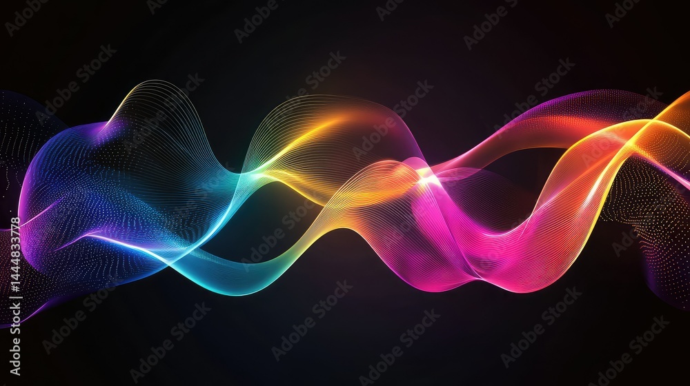 Poster colorful abstract wave patterns with flowing lines and dynamic energy on a dark background for digit