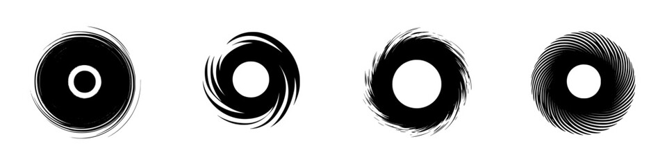 Silhouette pictogram icons set featuring various circular designs with distinct interior patterns and shapes for graphic applications