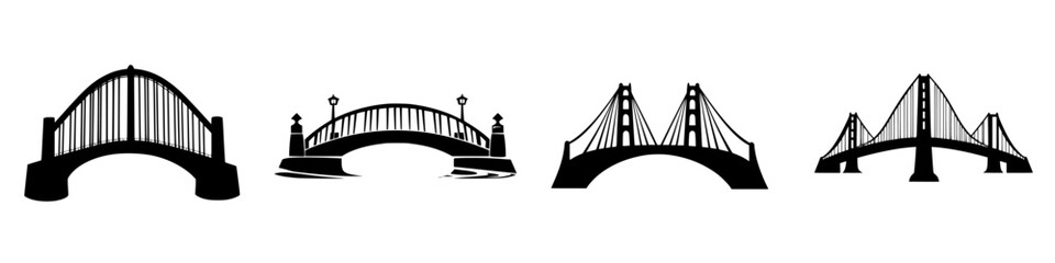 Silhouette pictogram icons of various types of bridges representing architectural design and engineering styles