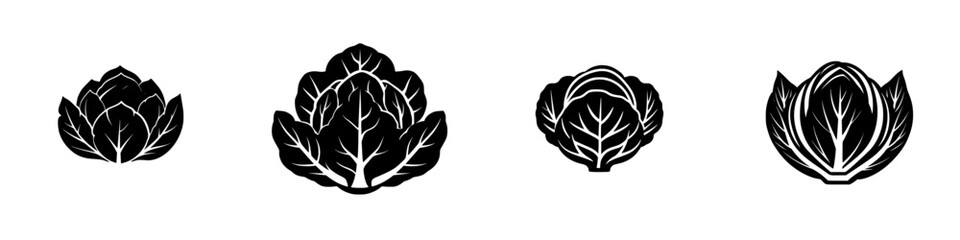 Vector icons of cabbage silhouettes illustrating different varieties in a minimalist style for design purposes