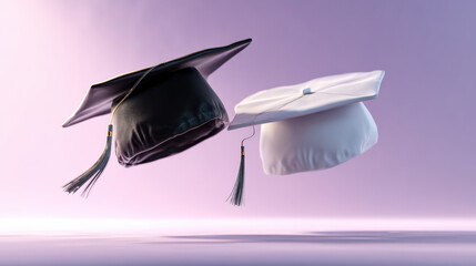 Graduation Caps in Flight: Two graduation caps, one black and one white, float gracefully in mid-air, symbolizing the culmination of academic achievement and the bright future ahead.