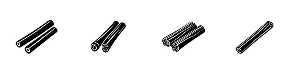 Silhouette pictogram icons set depicting cinnamon sticks in various arrangements for culinary and decorative use