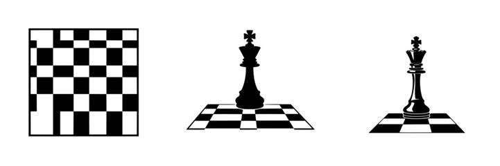 Silhouette pictogram icons representing chess elements and gameplay across a neutral background