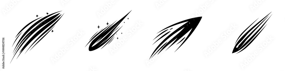 Poster silhouette pictogram set featuring dynamic shapes representing movement and speed in a minimalist st