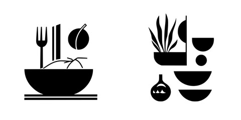 Silhouette pictogram icons depicting various dining and kitchen elements in simple designs