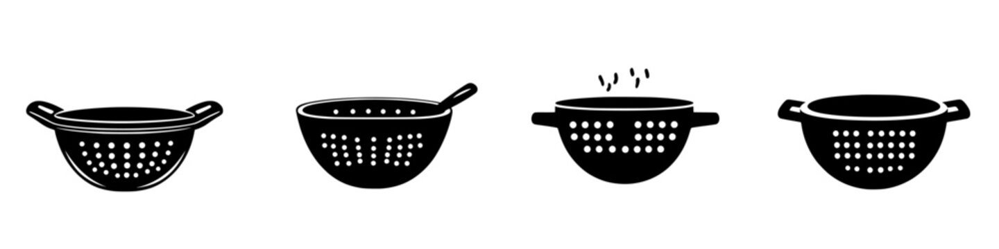 Collection of silhouette pictograms representing various types of colanders and strainers used in cooking