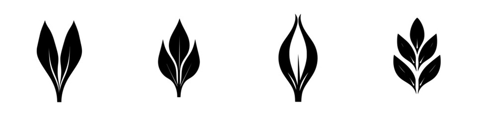 Silhouette pictograms representing various leaf designs suitable for ecological and botanical themes
